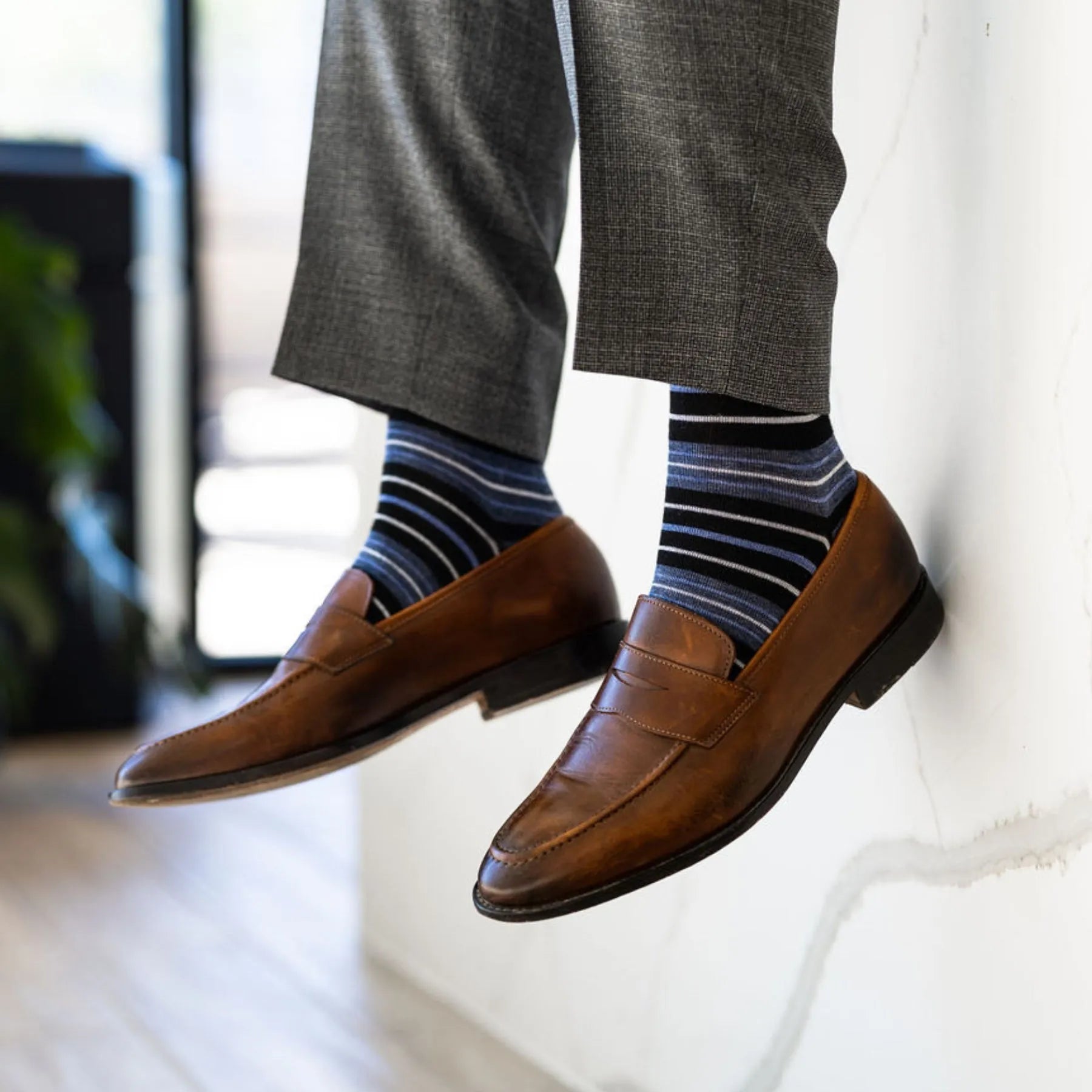 Blue, Black, and white striped men's dress socks