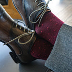deep red sock with red micro squares