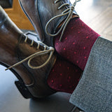 deep red sock with red micro squares