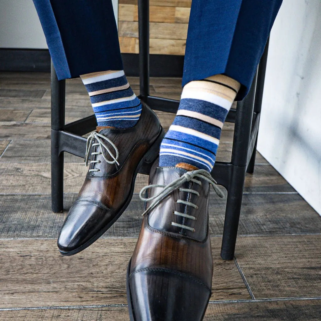 Blue, cream, tan, and white striped men's dress sock