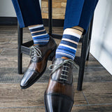 Blue, cream, tan, and white striped men's dress sock