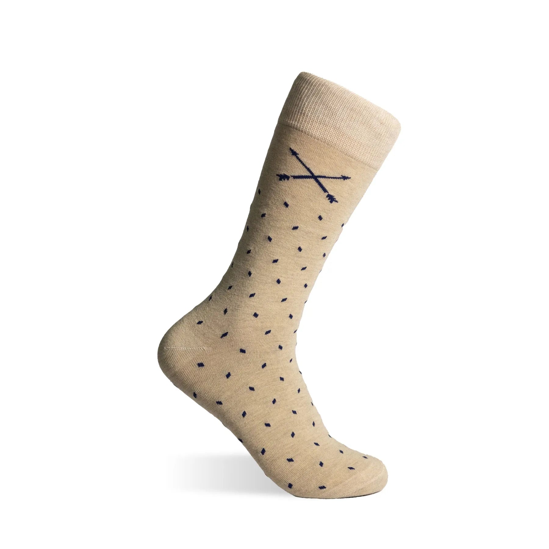 Ivory base men's dress socks with deep navy micro-tiles for a modern twist on a timeless palette.