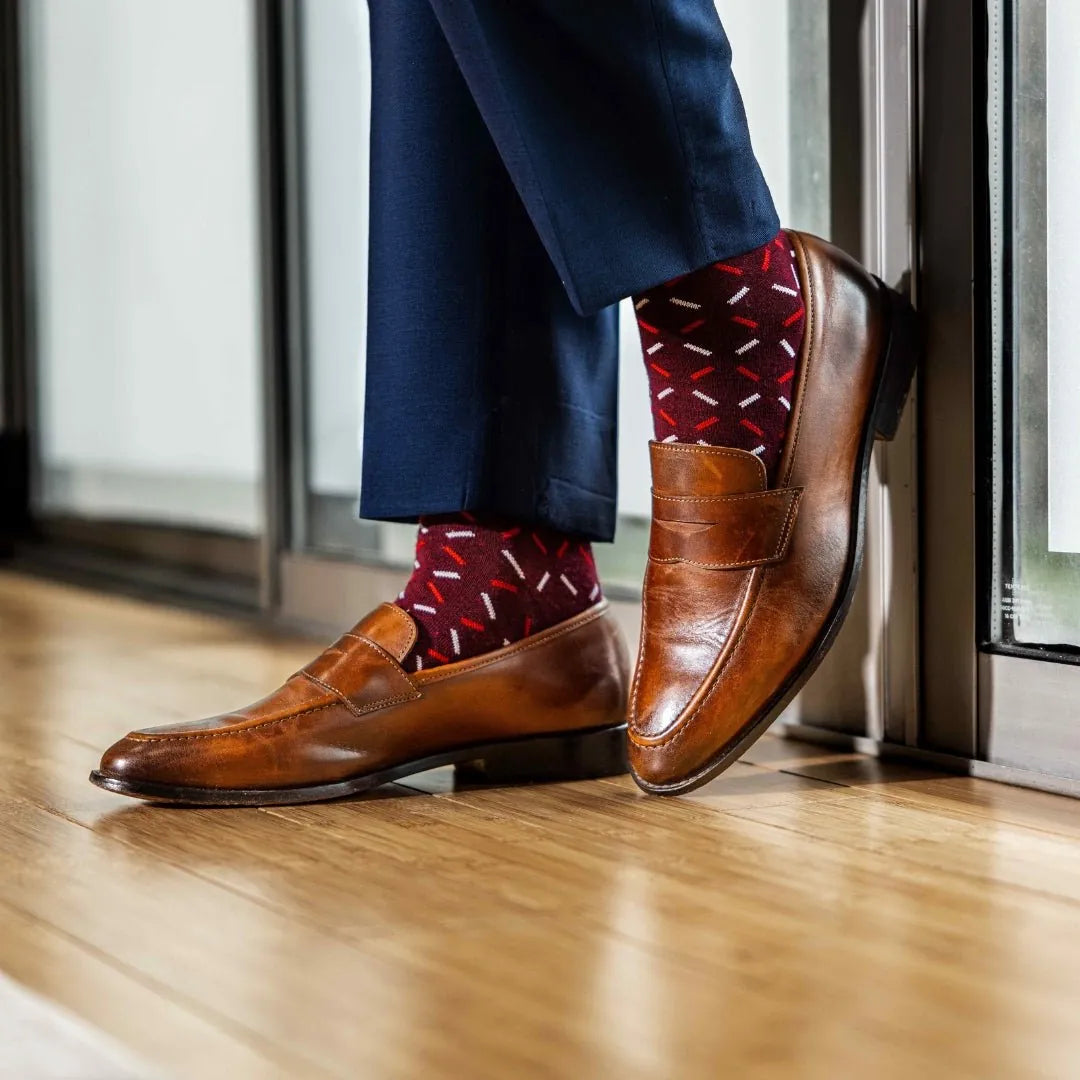The Azzarettos - A Deep Red Sock With a Cherry Red & White X Pattern