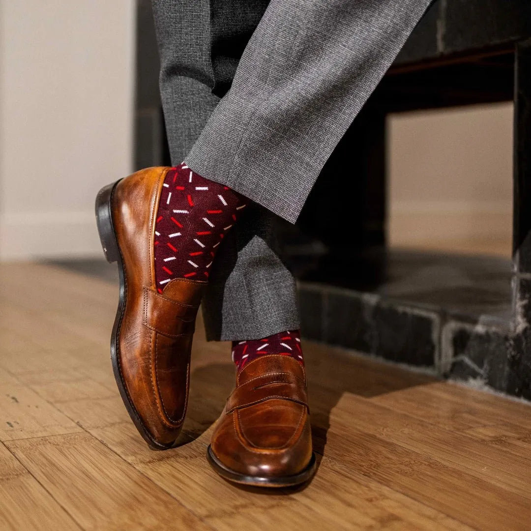 deep red men's dress sock with red and white x pattern