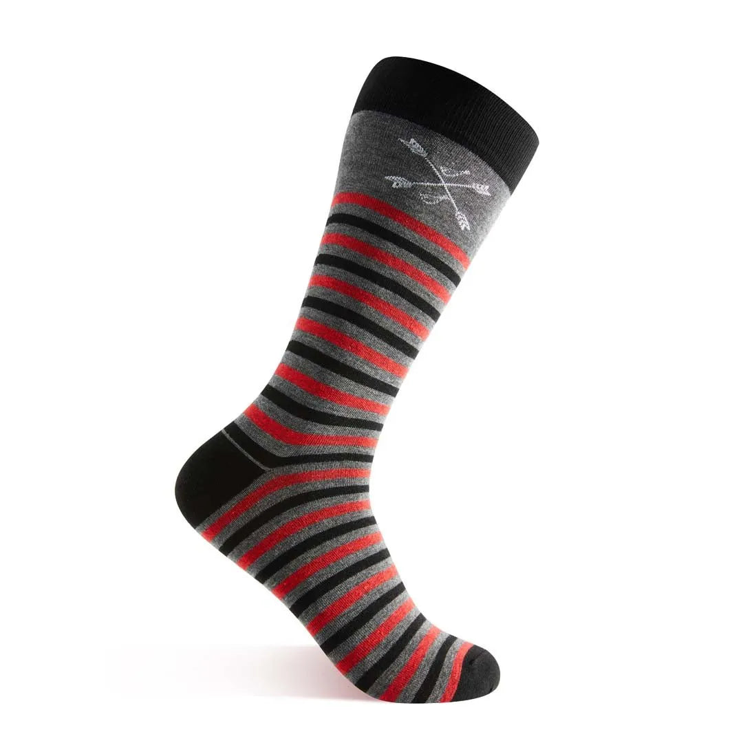 Charcoal grey, red, and black striped sock