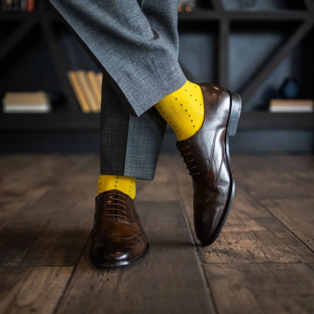 The Charlie Browns - A Yellow Sock with Navy Pin Dots The Charlie Browns - A Yellow Sock with Navy Pin Dots