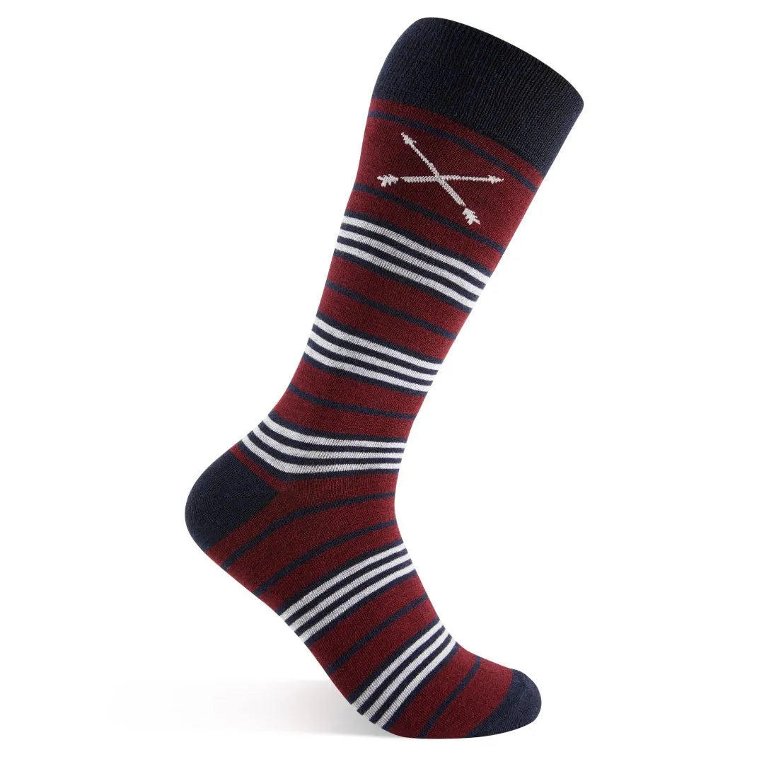 red, white, and blue multi-stripe patterned men's dress socks