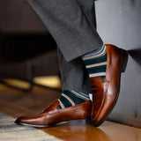 green, taupe, and tan striped socks
