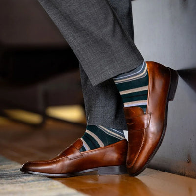 The Churchills - A Green, Tan, and Taupe Striped Sock