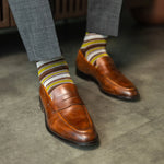Mustard, brown and grey striped men's dress socks
