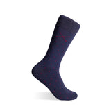 Navy blue socks with a red micro-tile pattern.