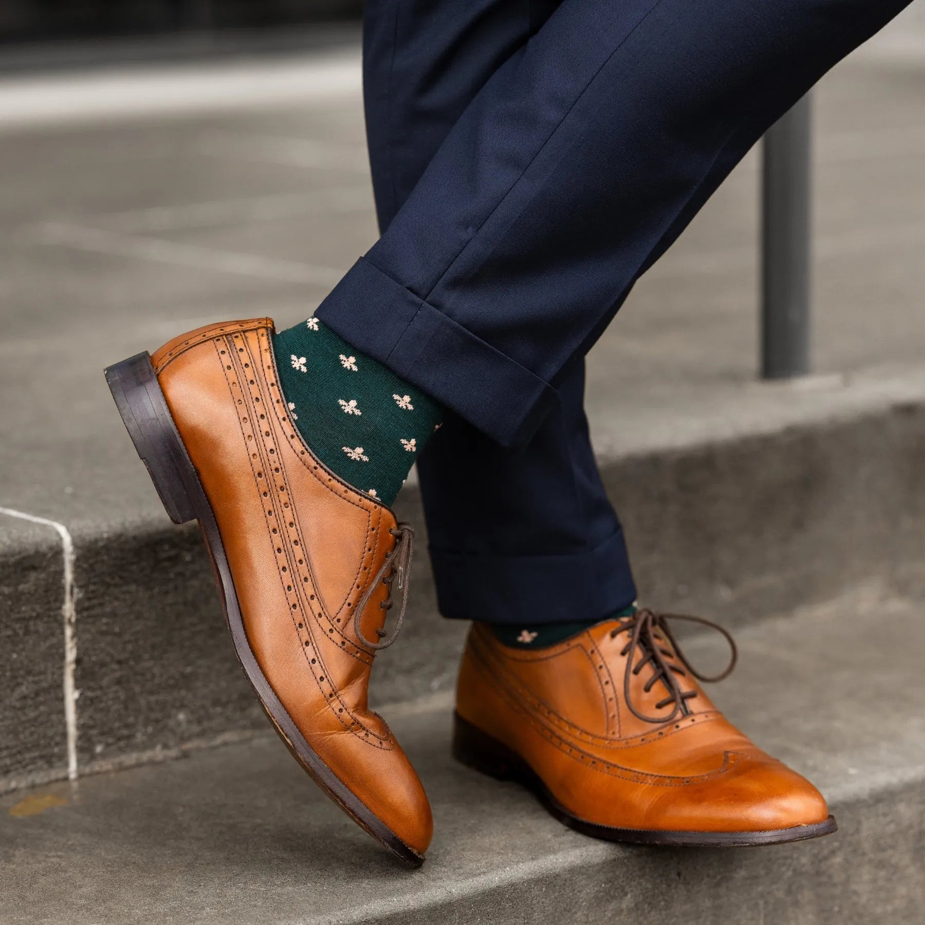 deep green men's dress socks with a peach colored French motif flower pattern