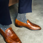 grey men's dress socks with a pale blue diamond pattern