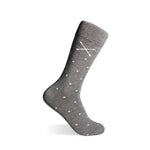 grey men's dress socks with a pale blue diamond pattern