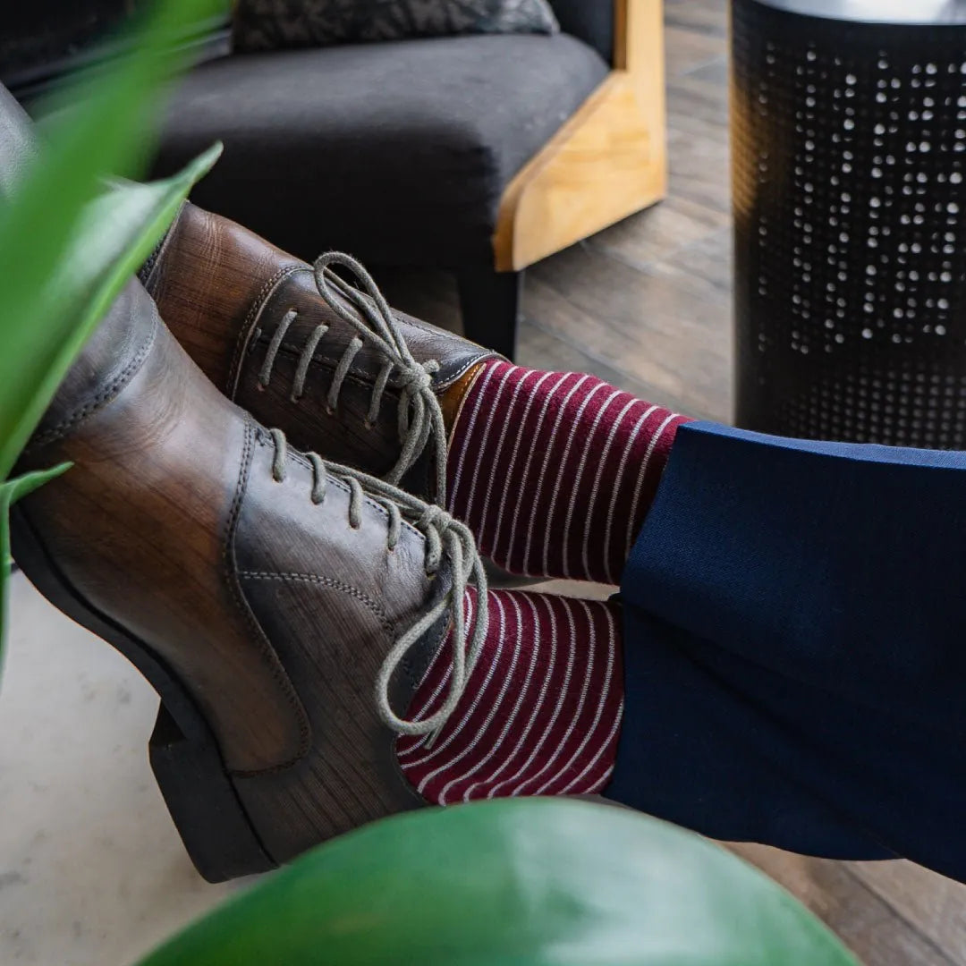 deep garnet red men's dress sock with white stripes
