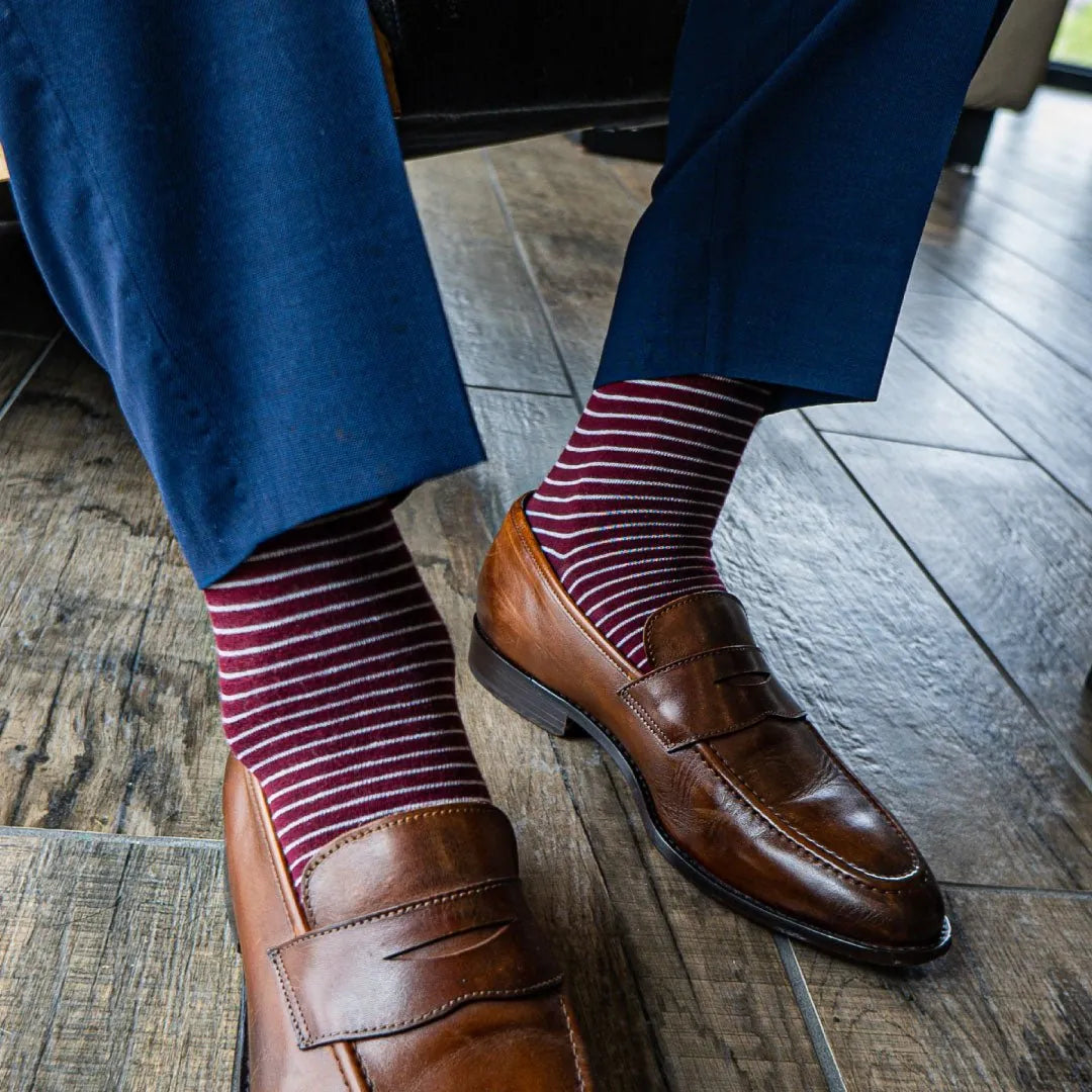deep garnet red men's dress sock with white stripes