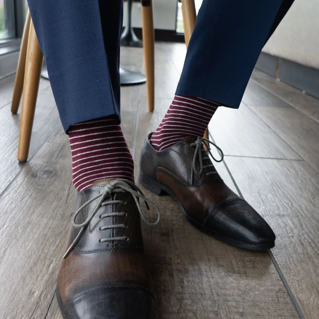 deep garnet red men's dress sock with white stripes