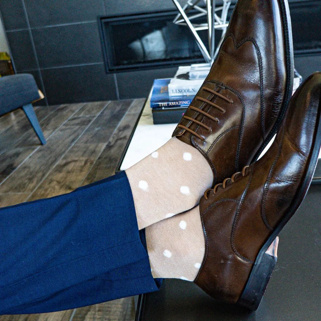 Tan men's dress socks with white polka dots