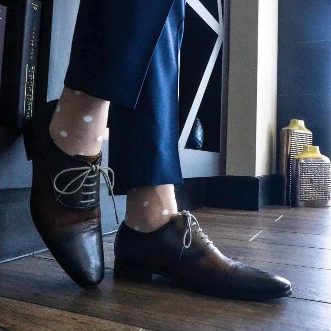 Tan men's dress socks with white polka dots
