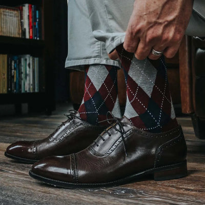 The Highlands - Navy, Cranberry, and Grey Argyle Sock