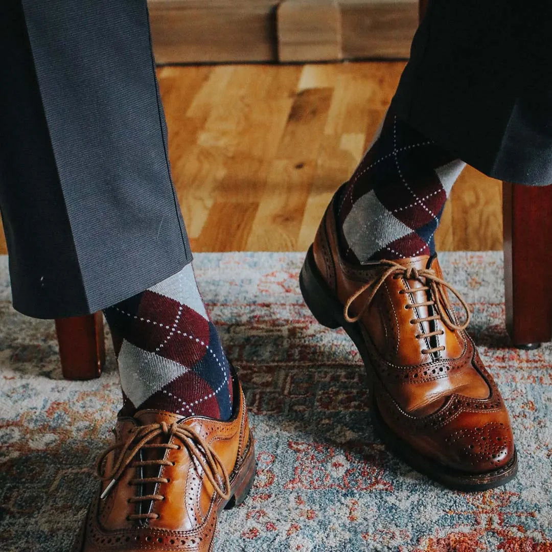 The Highlands | Navy, Cranberry & Grey Argyle Men's Dress Sock The Highlands | Navy, Cranberry & Grey Argyle Men's Dress Sock