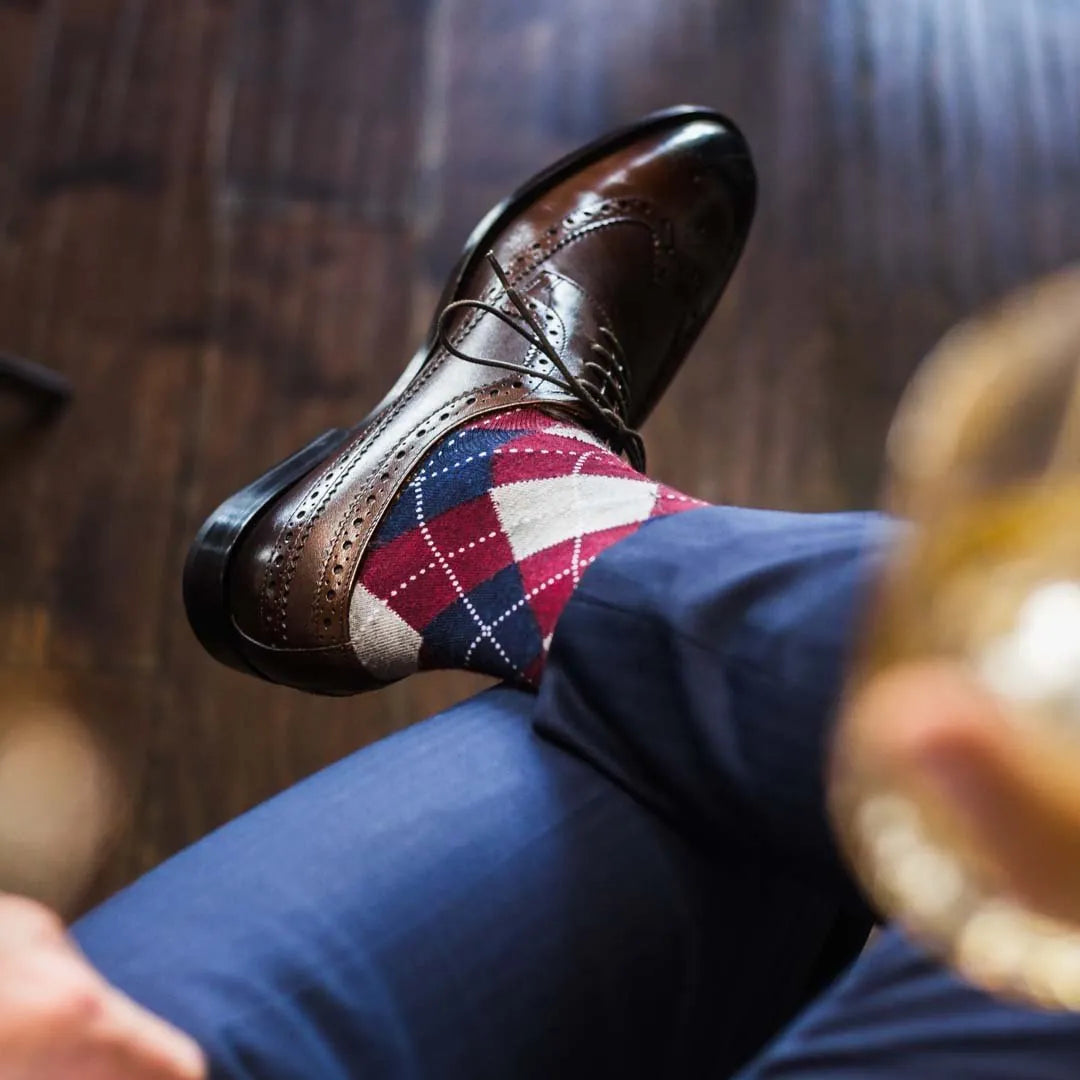 The Highlands | Navy, Cranberry & Grey Argyle Men's Dress Sock Over-The-Calf The Highlands | Navy, Cranberry & Grey Argyle Men's Dress Sock Over-The-Calf