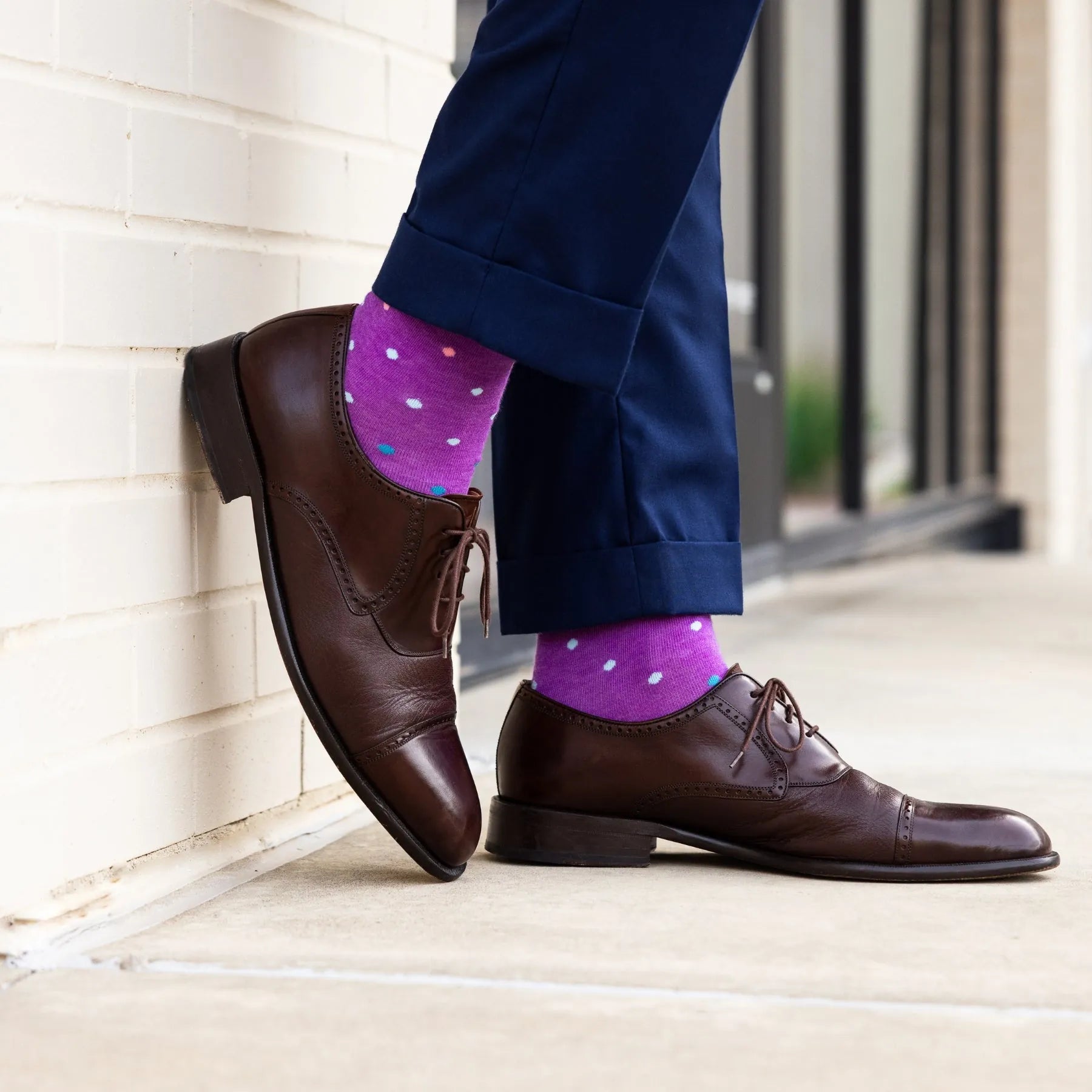 The Hilburns - A Purple Sock with Sky Blue, Powder Blue and Peach Polka Dots Mid-Calf