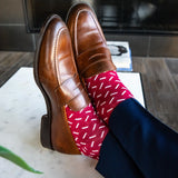 Raspberry red men's dress sock with white sprinkles pattern