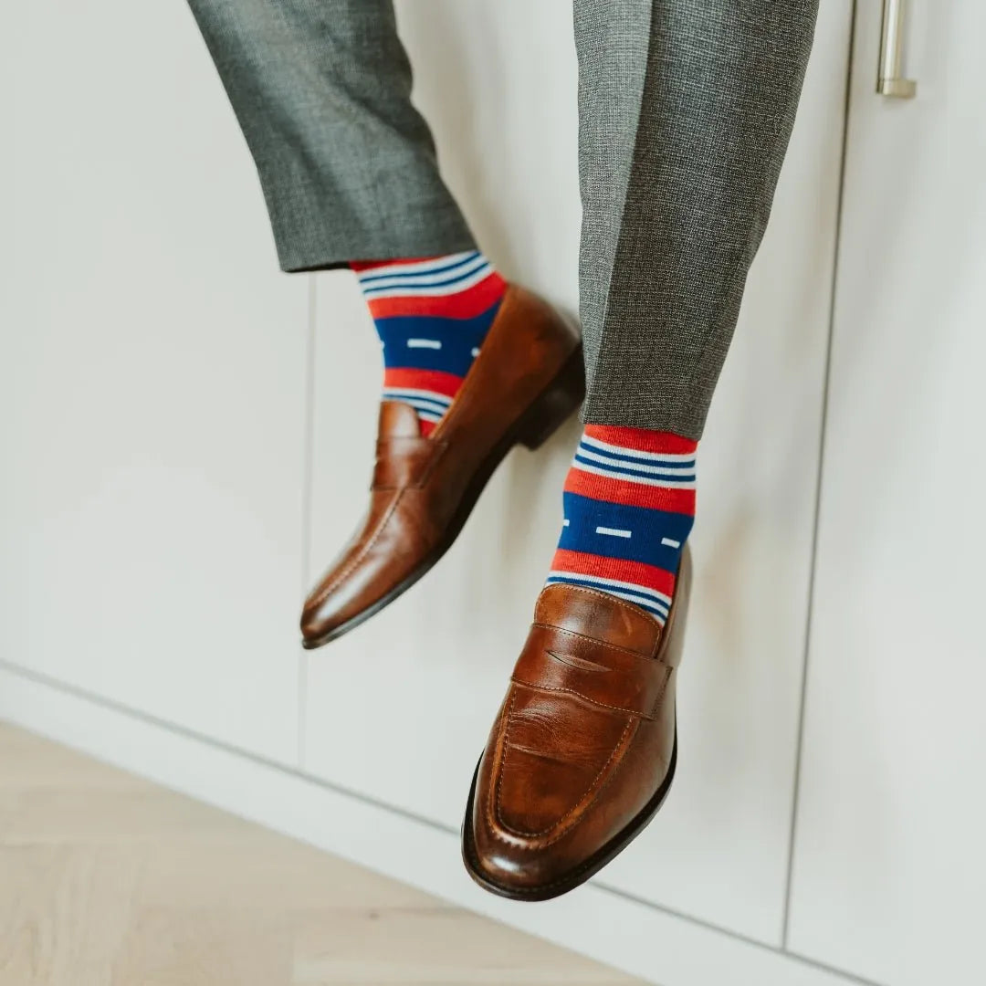 The Kennedys - A Royal Blue, Red, and White Striped Men's Dress Sock Over-The-Calf The Kennedys - A Royal Blue, Red, and White Striped Men's Dress Sock Over-The-Calf