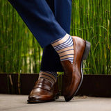 tan socks with navy and white stripes