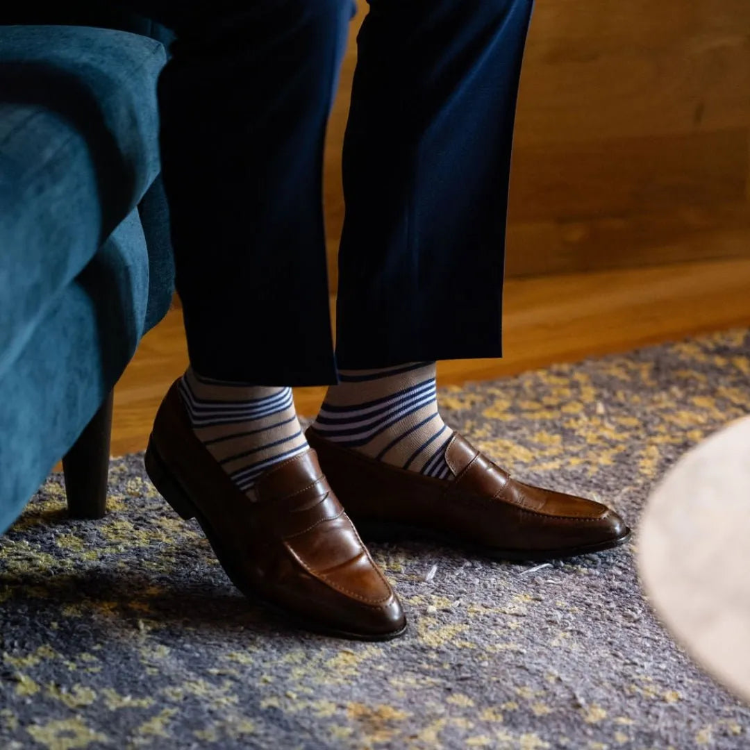 tan socks with navy and white stripes