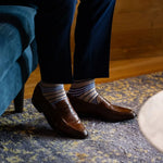 tan socks with navy and white stripes