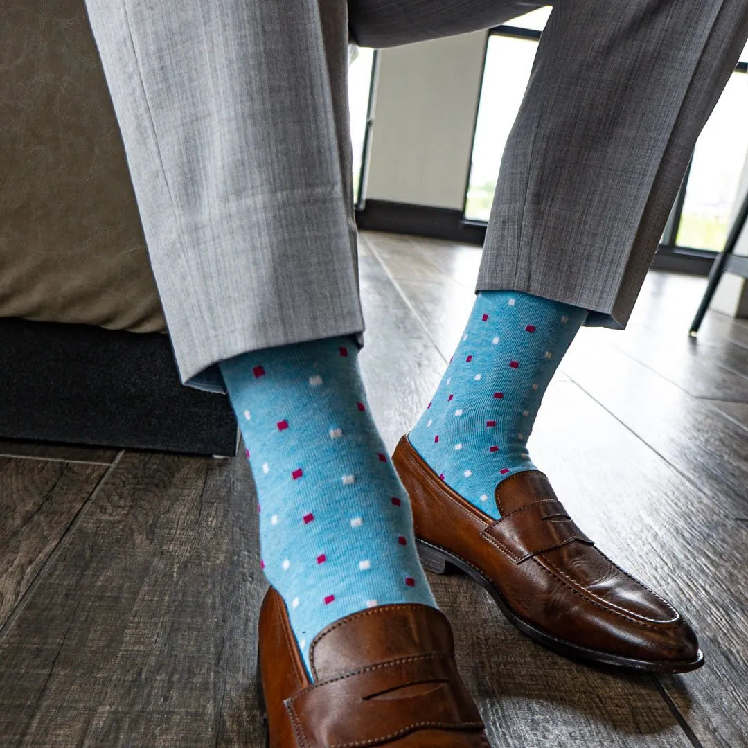 sky blue men's dress sock with magenta and white micro-squares