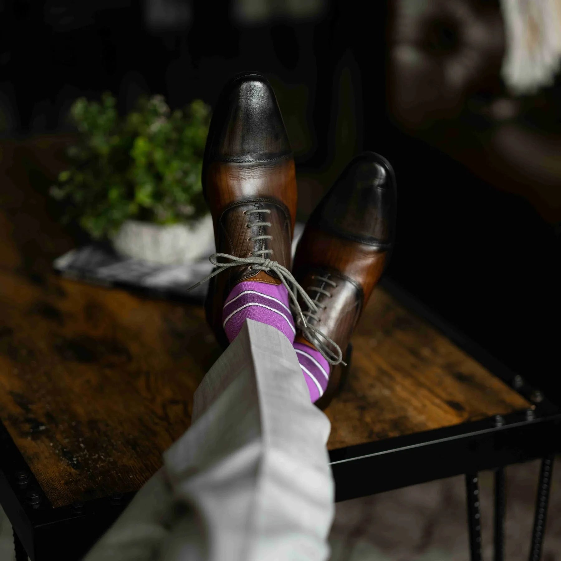 Purple, violet, and white striped men's dress socks
