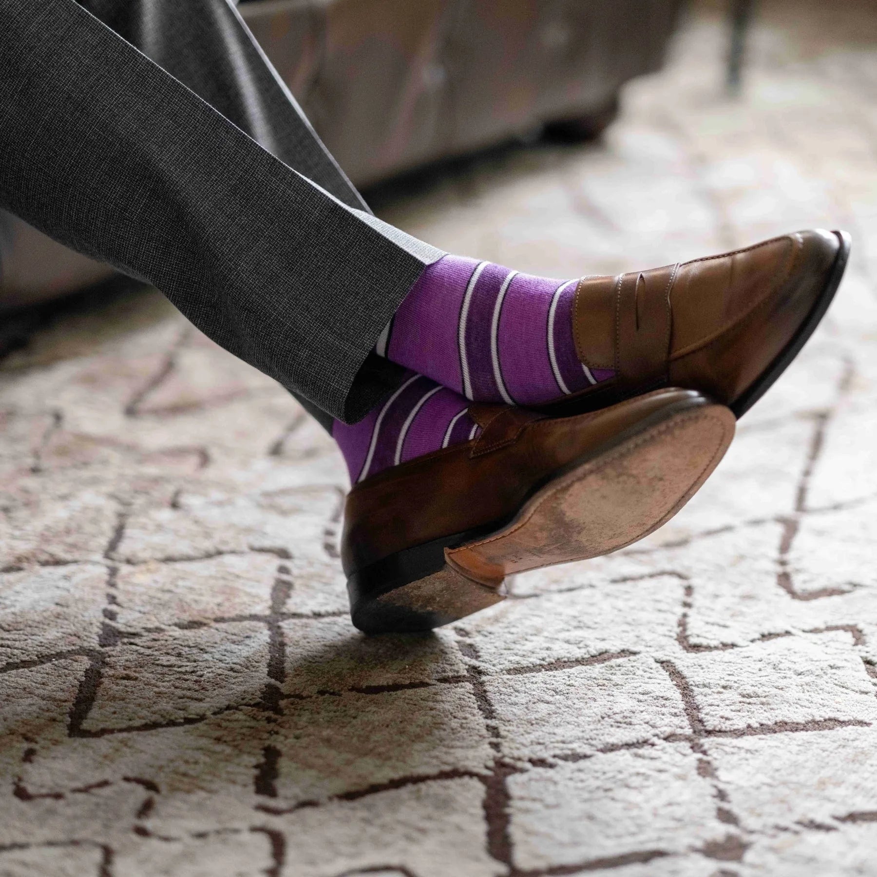 Purple, violet, and white striped men's dress socks