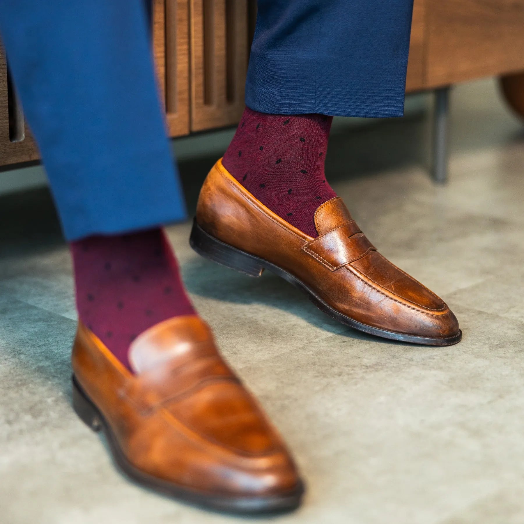 The Mercers - A Burgundy Sock with Navy Blue Micro-Tiles Over-The-Calf The Mercers - A Burgundy Sock with Navy Blue Micro-Tiles Over-The-Calf