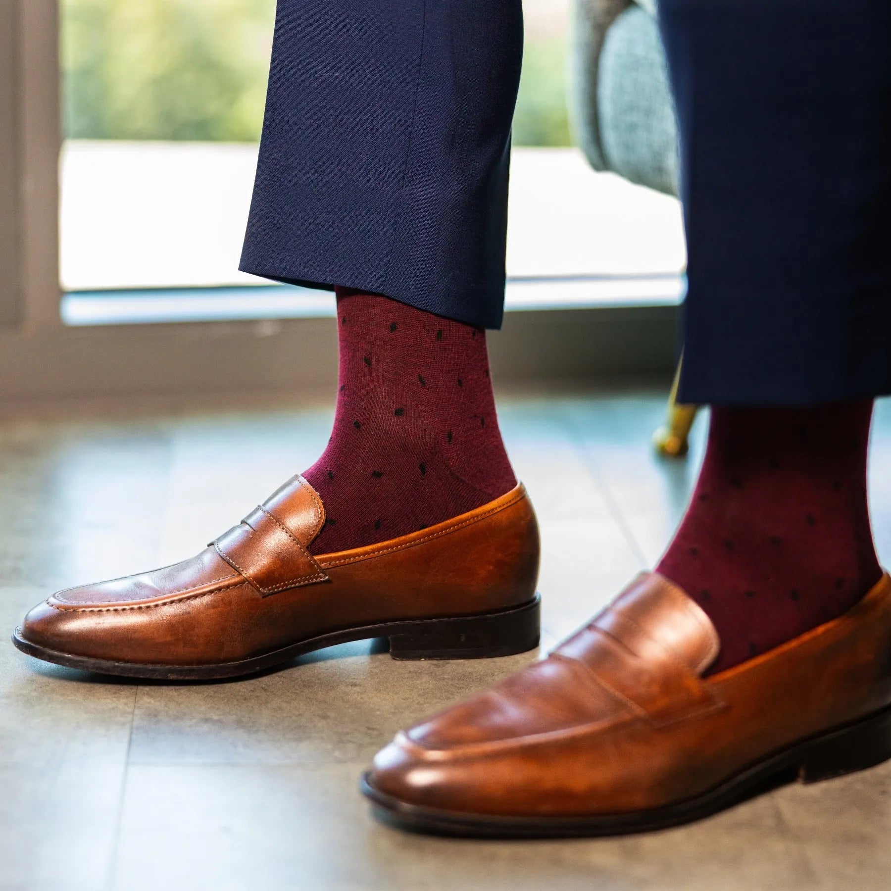 The Mercers - A Burgundy Sock with Navy Blue Micro-Tiles Over-The-Calf The Mercers - A Burgundy Sock with Navy Blue Micro-Tiles Over-The-Calf