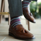 Grey men's dress sock with garnet red and white stripes