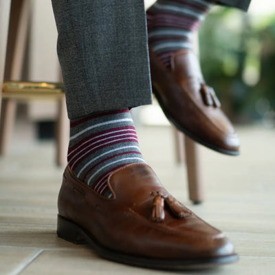 The Millers - A Garnet Red, Grey, and White Striped Sock