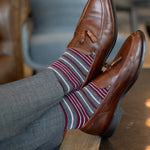 Grey men's dress sock with garnet red and white stripes