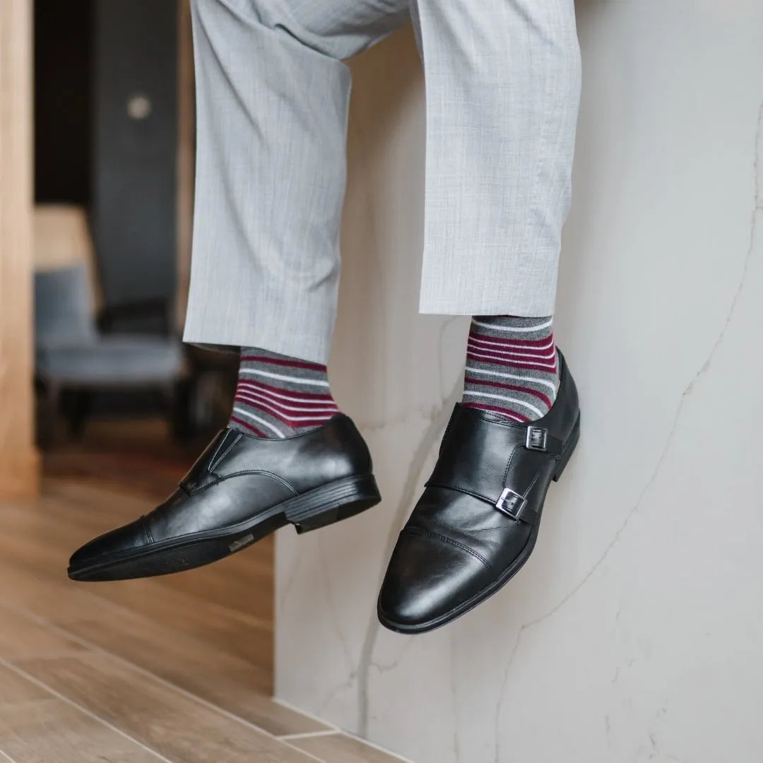 Grey men's dress sock with garnet red and white stripes