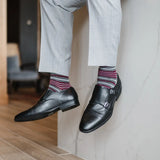 Grey men's dress sock with garnet red and white stripes
