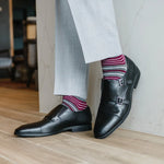 Grey men's dress sock with garnet red and white stripes
