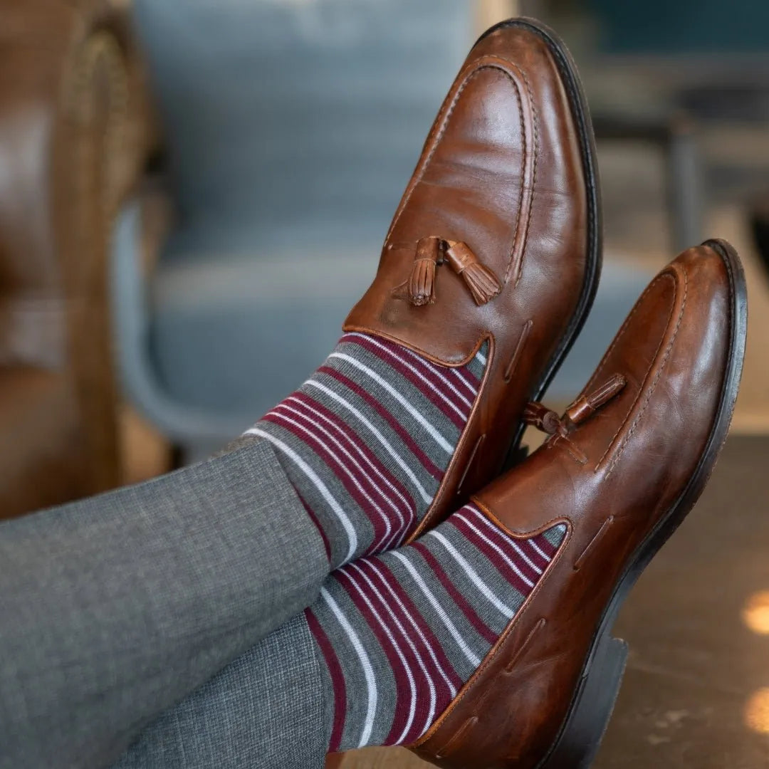 Grey men's dress sock with garnet red and white stripes