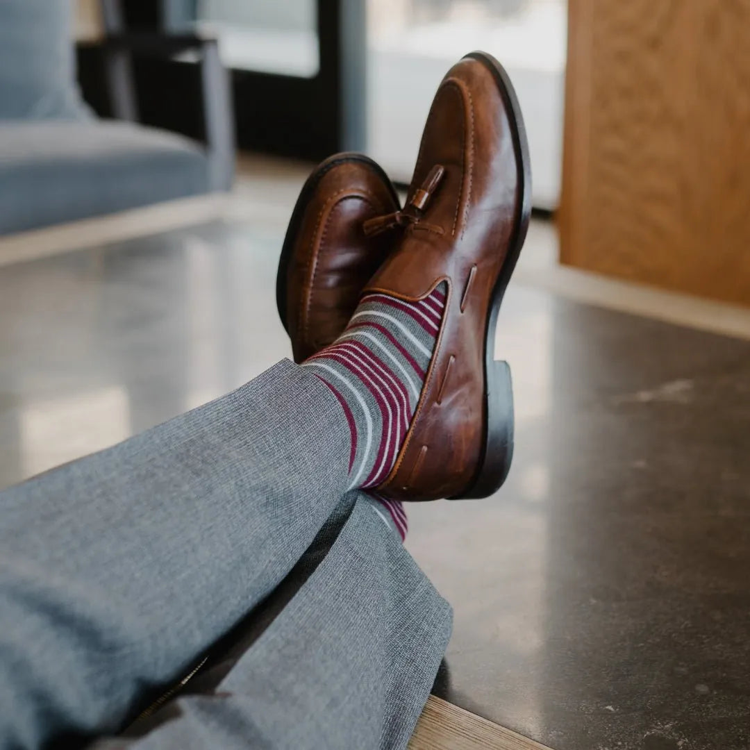 Grey men's dress sock with garnet red and white stripes
