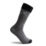 The Neufelds - A Grey Sock With a Deep Red & Black X Pattern