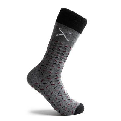 The Neufelds - A Grey Sock With a Deep Red & Black X Pattern