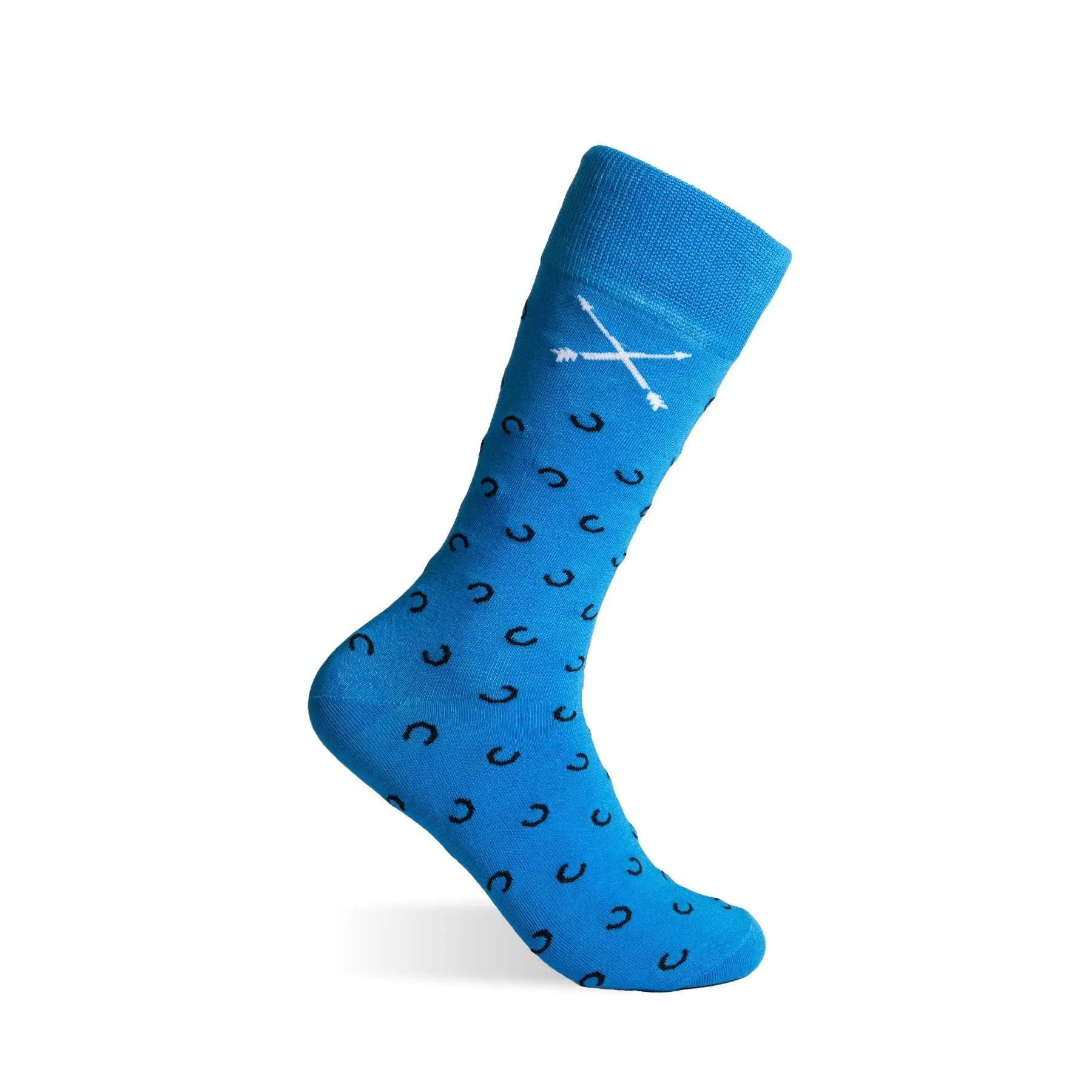 light blue men's dress socks with a black horseshoe pattern