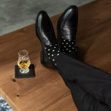 A Black Sock Gentleman's Sock with a Peach, Sky Blue, and White Gemstone Pattern