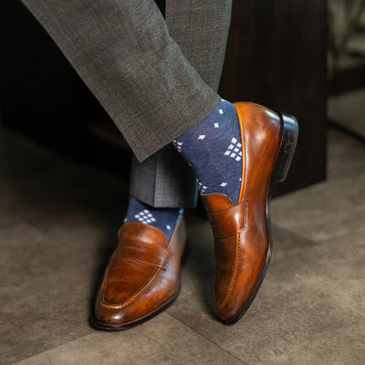 The Prussian Paragons - A Prussian Blue Sock with White Nested Diamonds